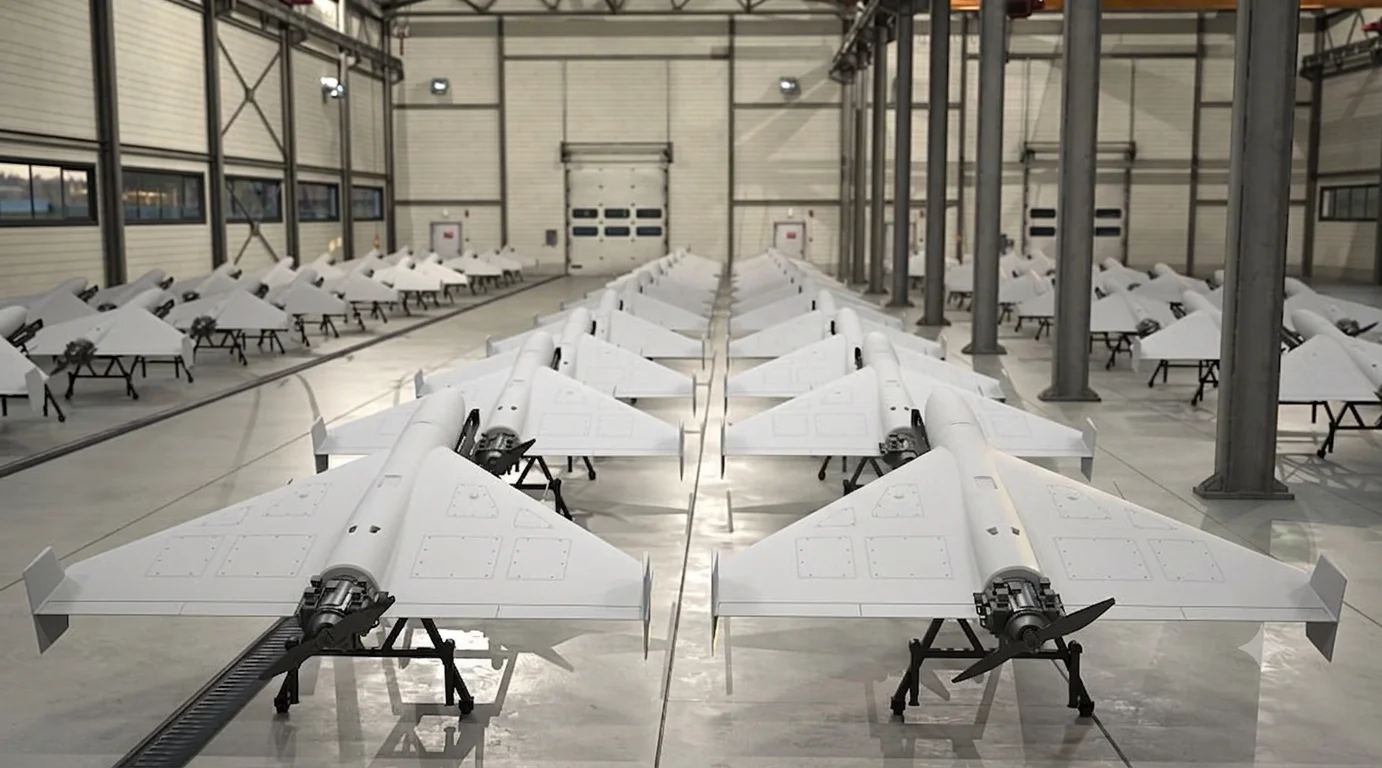 Rows of unmanned aircraft arranged inside a defense manufacturing hangar