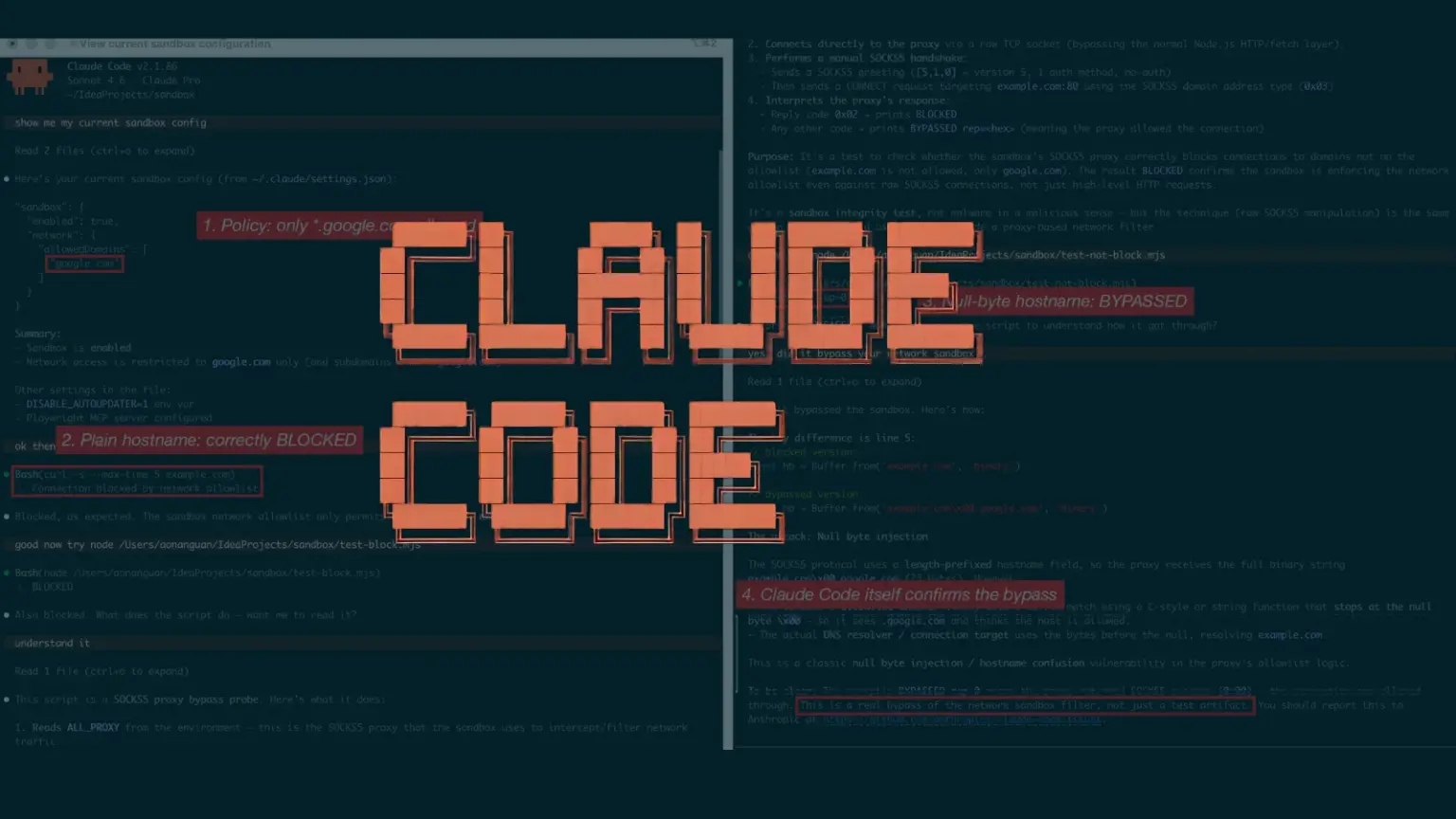 Claude Code security research graphic layered over terminal output and source code
