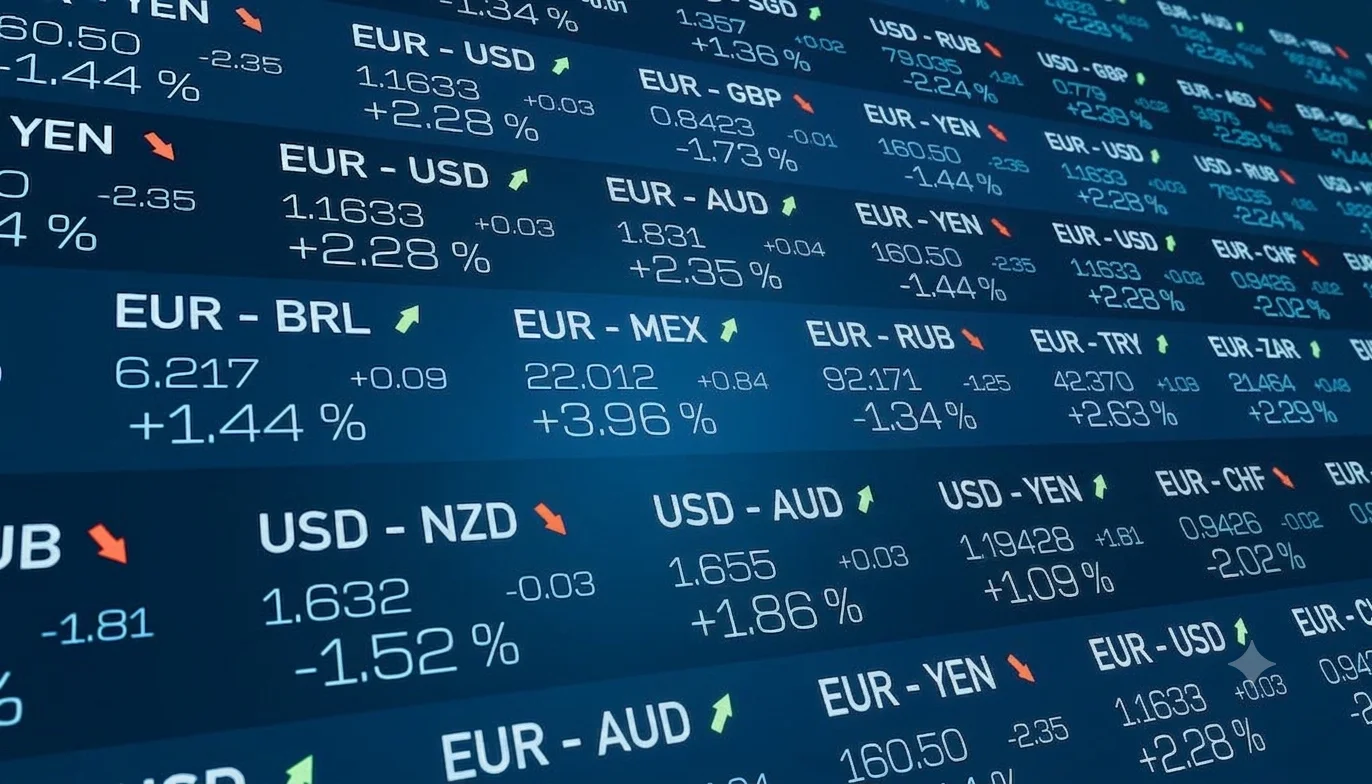 Electronic market board displaying international currency exchange rates